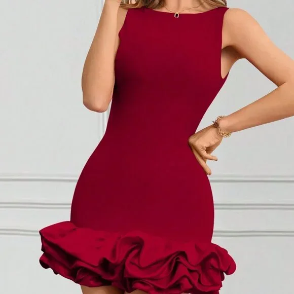 Burgundy Casual Women's Crew Neck Sleeveless Ruffled Hem Elegant Mini Dress - Picture 1 of 5
